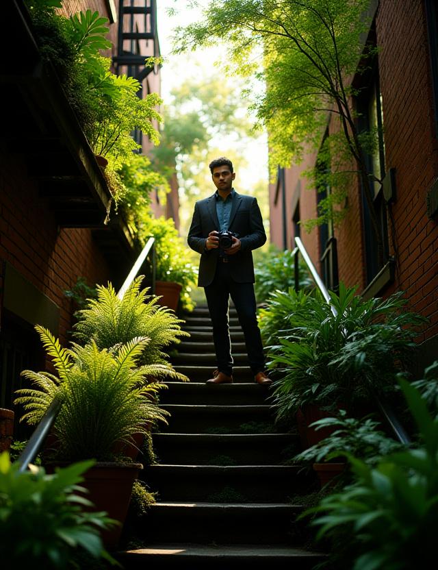 A photographer capturing urban grit with soft forest-like lighting in New York