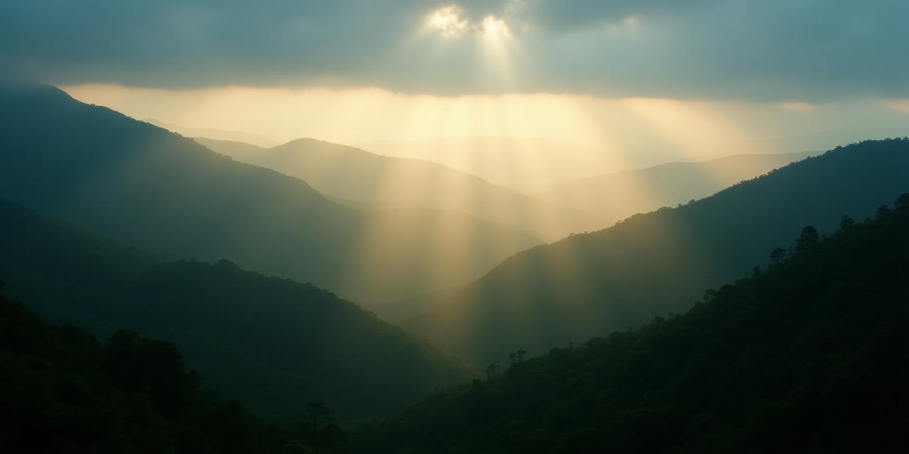 Mist rising through rainforest trees at dawn
