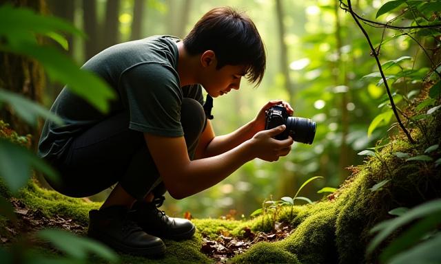 Student practicing macro photography in a lush forest