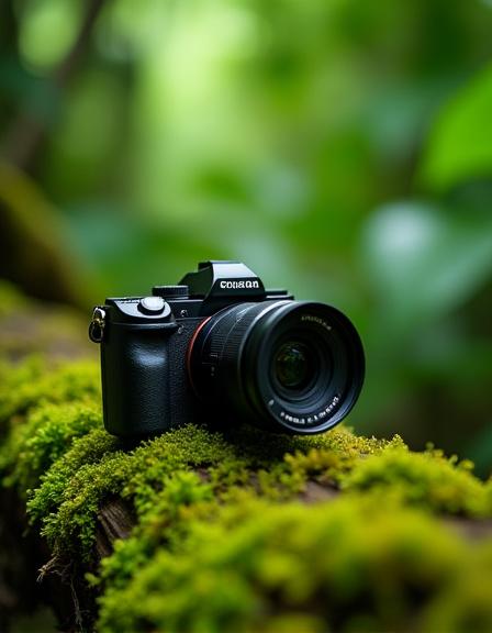 Vintage camera on a bed of damp green moss