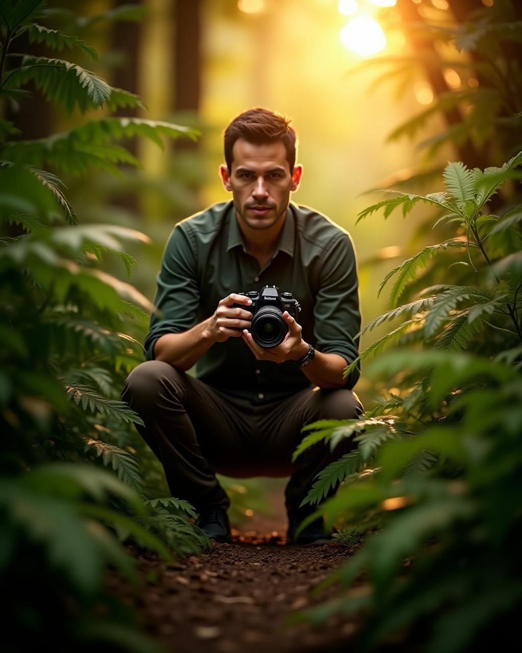 Photographer kneeling in lush green vegetation at golden hour