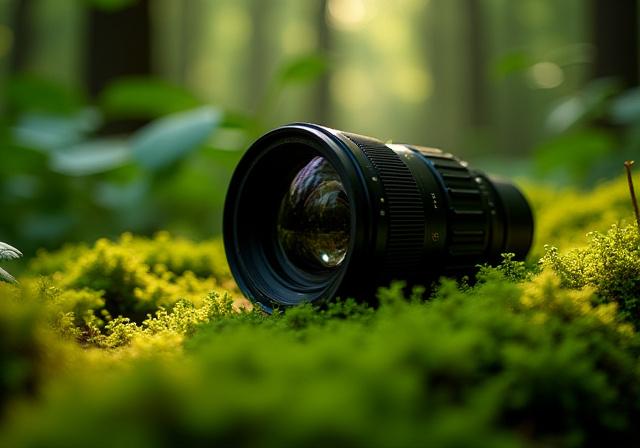A camera lens resting on mossy rainforest floor